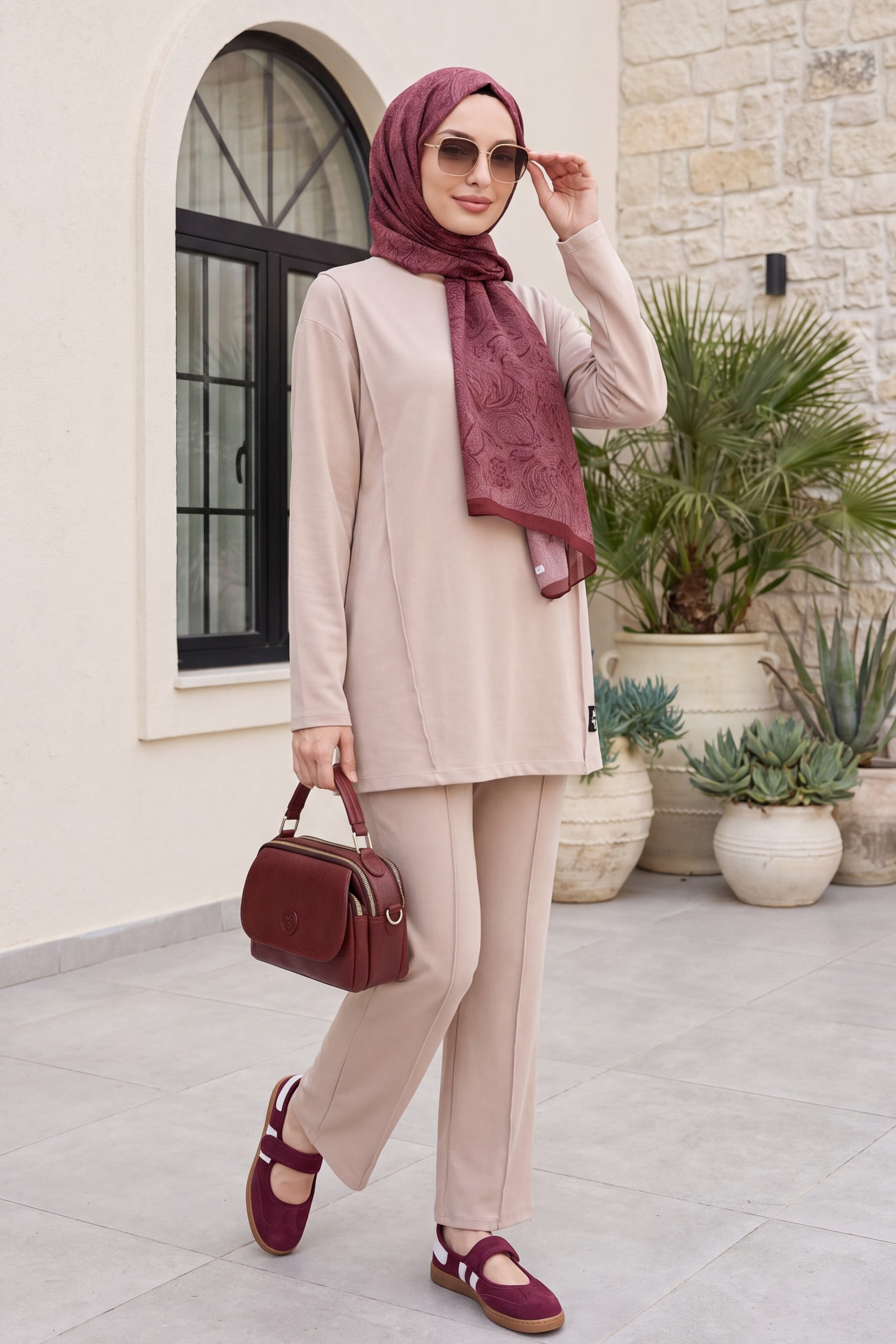 Cyc Neck Written Detail Drawstring Waist Legging Jersey Set - Light Beige - Podyumplus - by Peralane - photo 3
