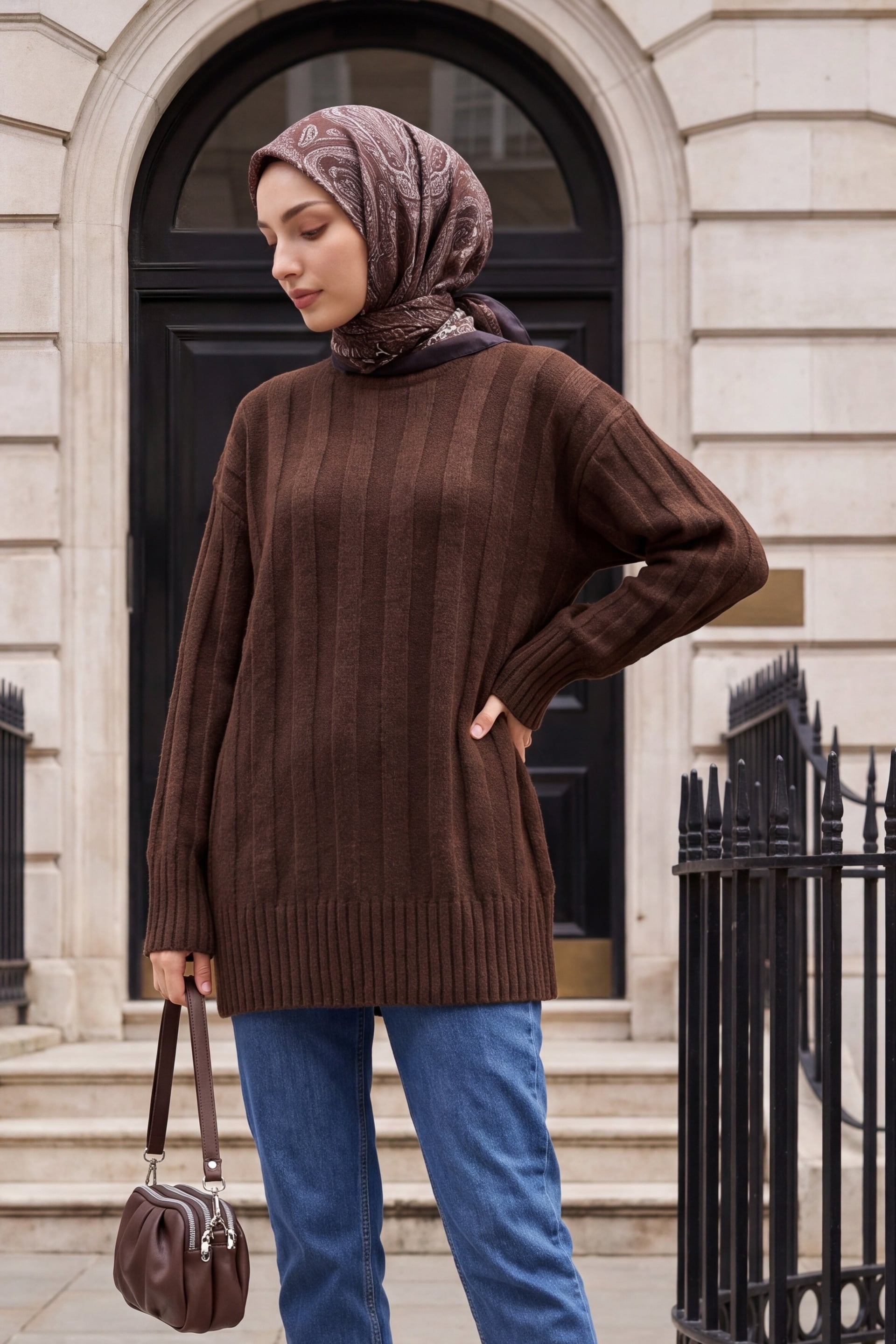 Half-Neck Striped Soft Knit Sweater - Brown - Podyumplus - by Peralane