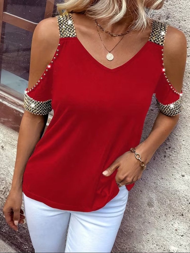 Women's Cold-Shoulder V-Neck Blouse with Gold Studs - Red - Janes - by Peralane - photo 3