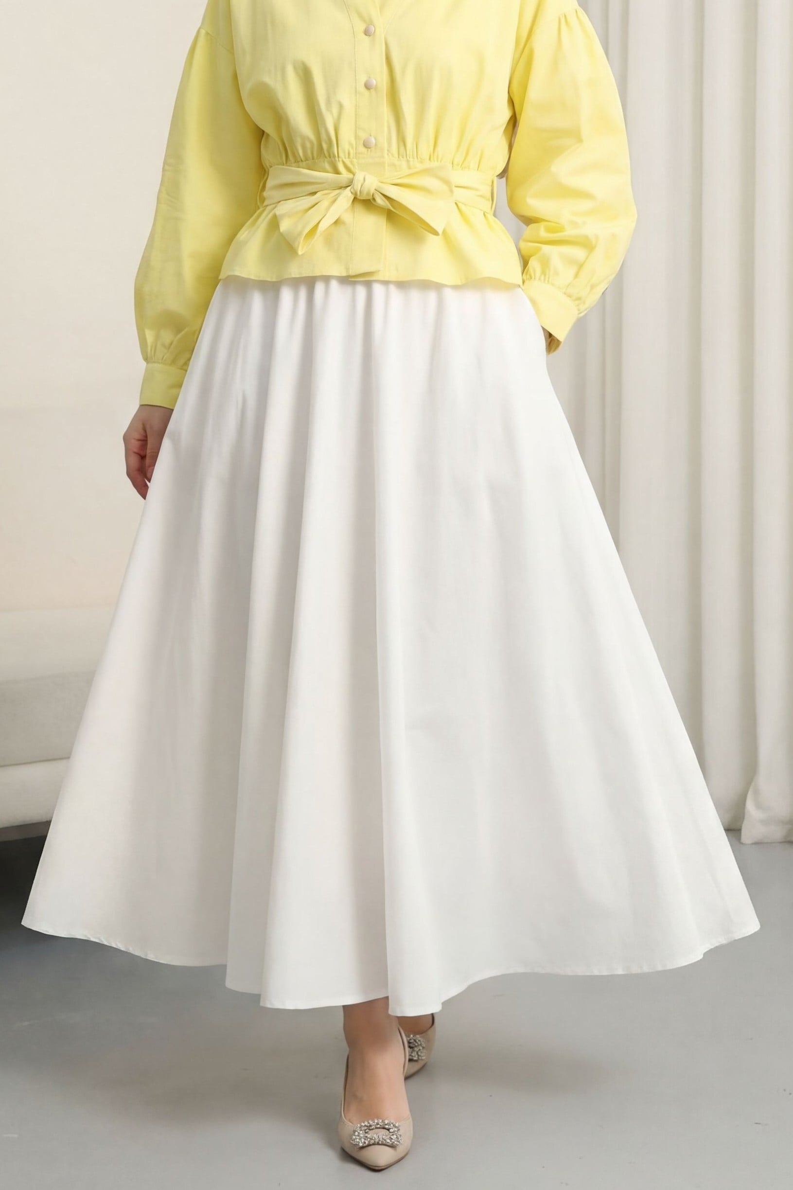Zippered Lined Summer Flared Linen-Look Skirt - White - Podyumplus - by Peralane