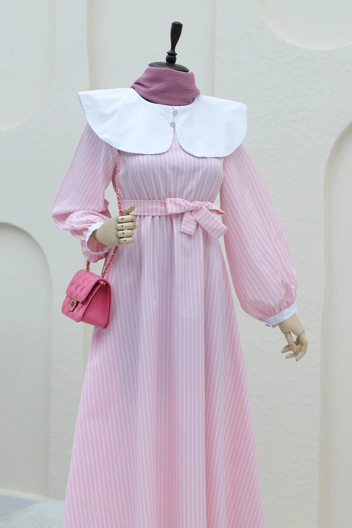 Pink Striped Peter Pan Collar Long Dress with Belt - Podyumplus - by Peralane - photo 3