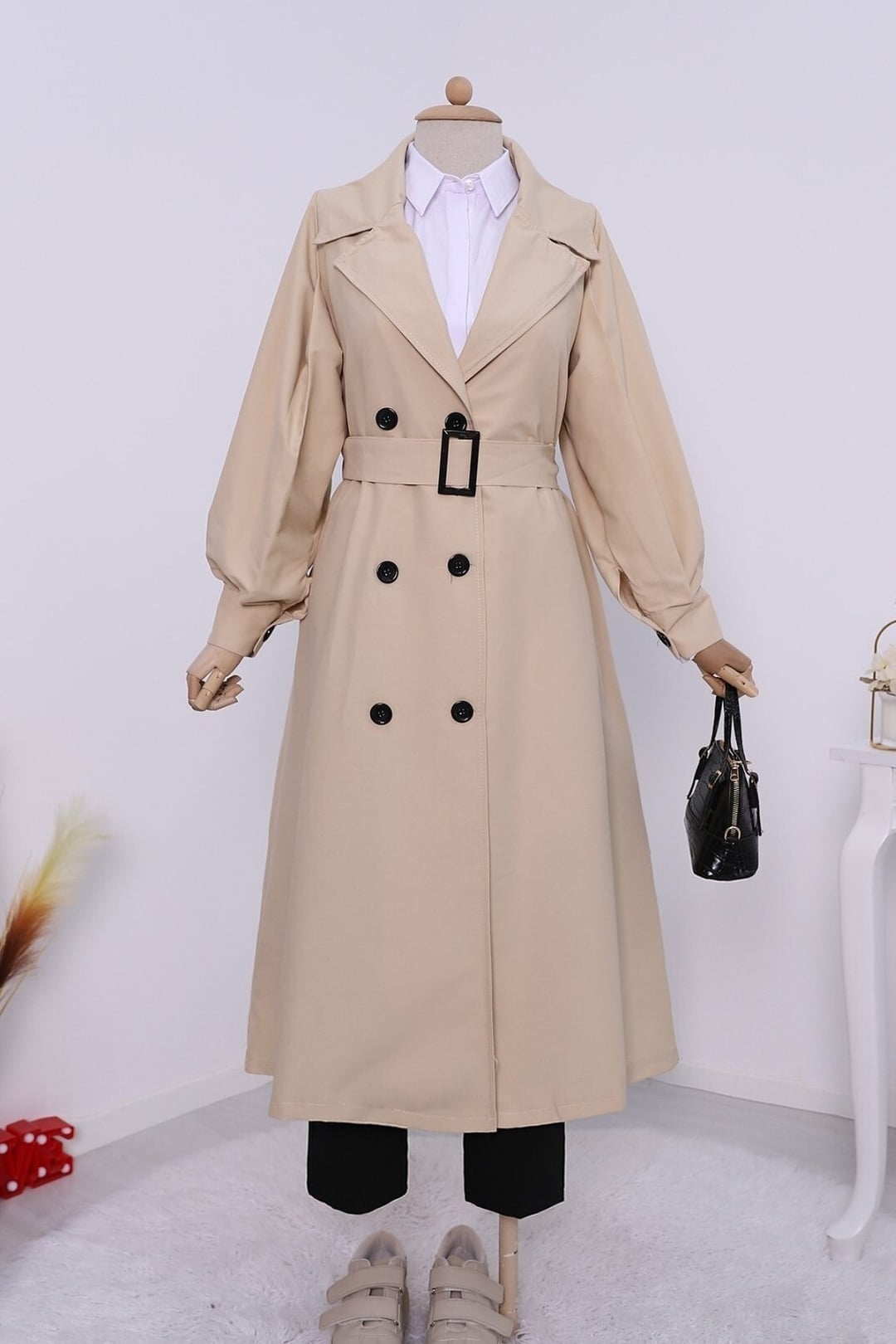 Beige Oversize Belted Trench Coat with Shawl Collar - Podyumplus - by Peralane - photo 5