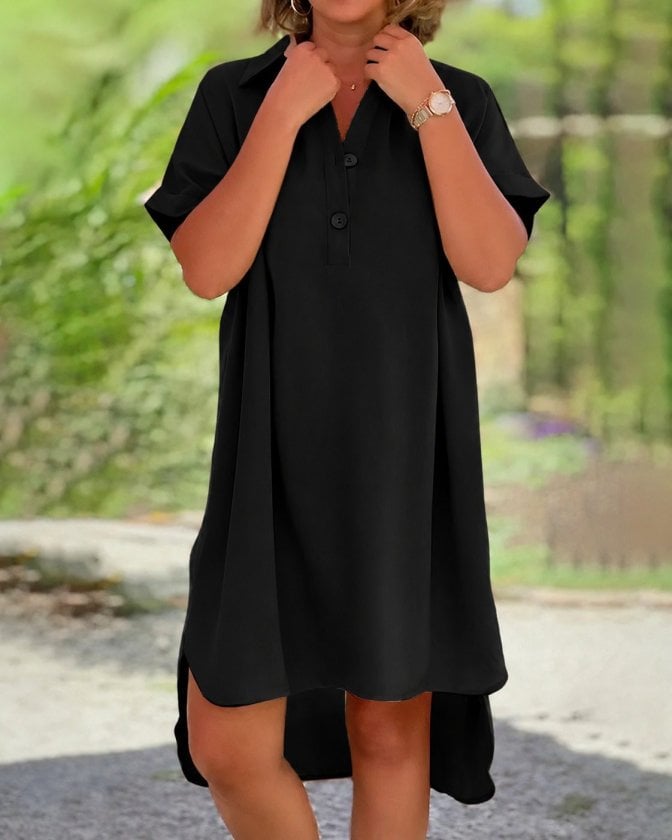 Women's Short-Sleeved Collared Button-Front High-Low Midi Dress in Black Viscose Blend - Janes - by Peralane - photo 5