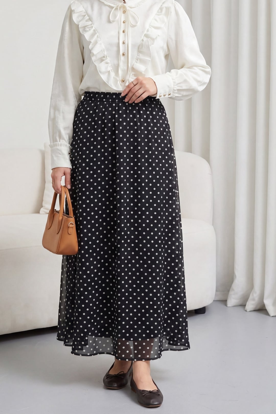Polka Dot Elastic Waist Lined Chiffon Skirt - Black - Podyumplus - by Peralane