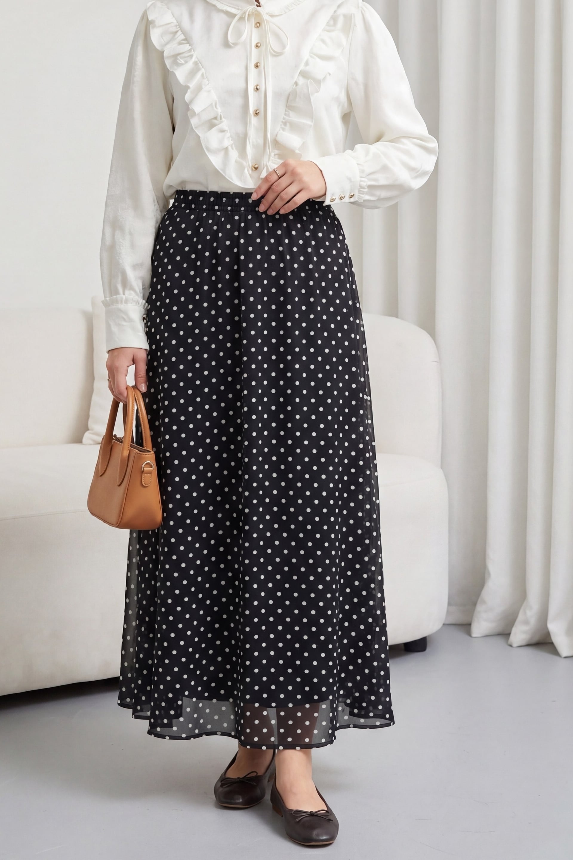 Polka Dot Elastic Waist Lined Chiffon Skirt - Black - Podyumplus - by Peralane