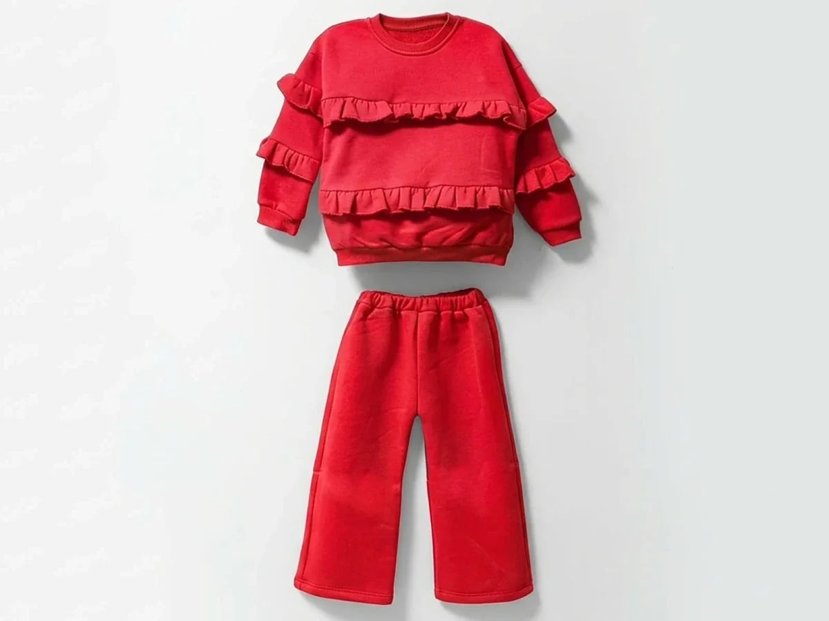 Red Ruffled Sweatshirt and Wide-Leg Trousers Set for Girls - Vovido - by Peralane