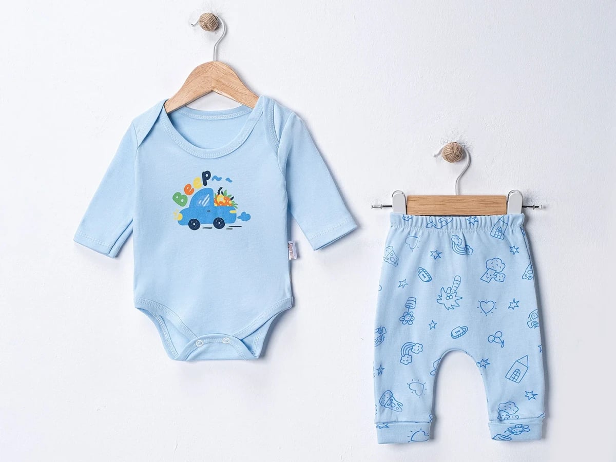 Baby Boy's Car Print Bodysuit and Pants Set - Light Blue - Supermini - by Peralane