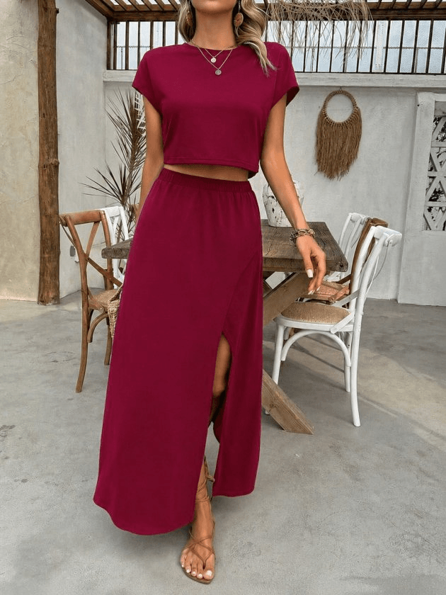 Women's Burgundy Crop Top and Maxi Skirt Two-Piece Set - Janes - by Peralane - photo 3
