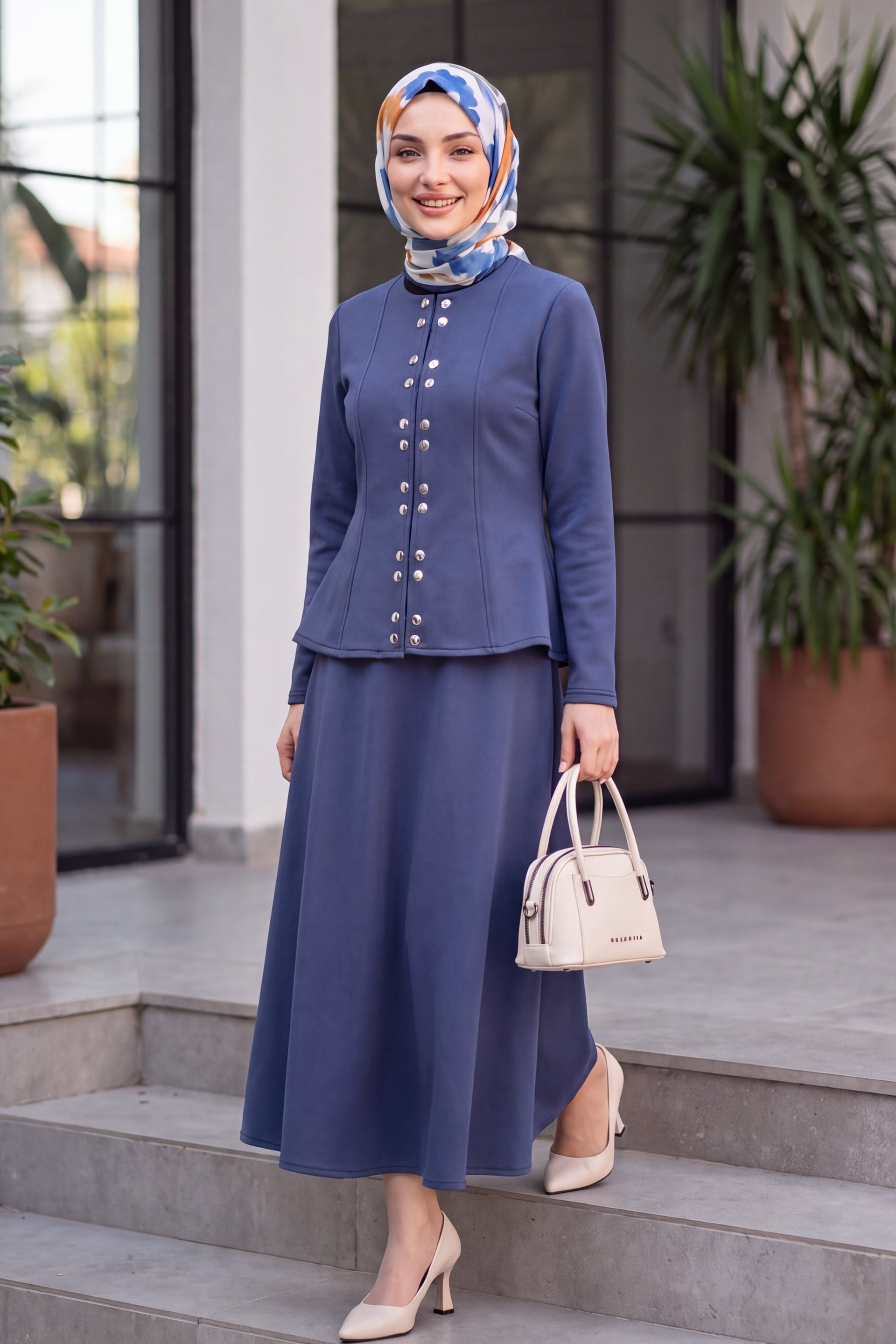 Scuba Two-Piece Set with Double-Snap Peplum Jacket and Flounced Midi Skirt - Navy - Podyumplus - by Peralane - photo 2