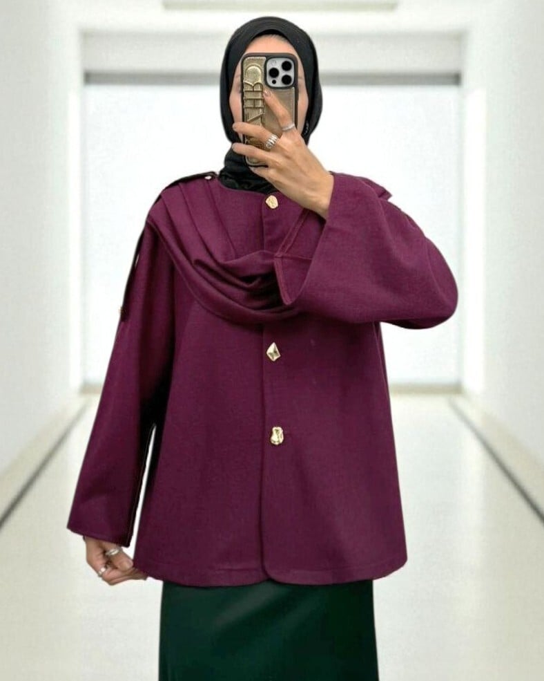 Shawl-Detail Winter Felt Coat in Plum - Podyumplus - by Peralane - photo 4