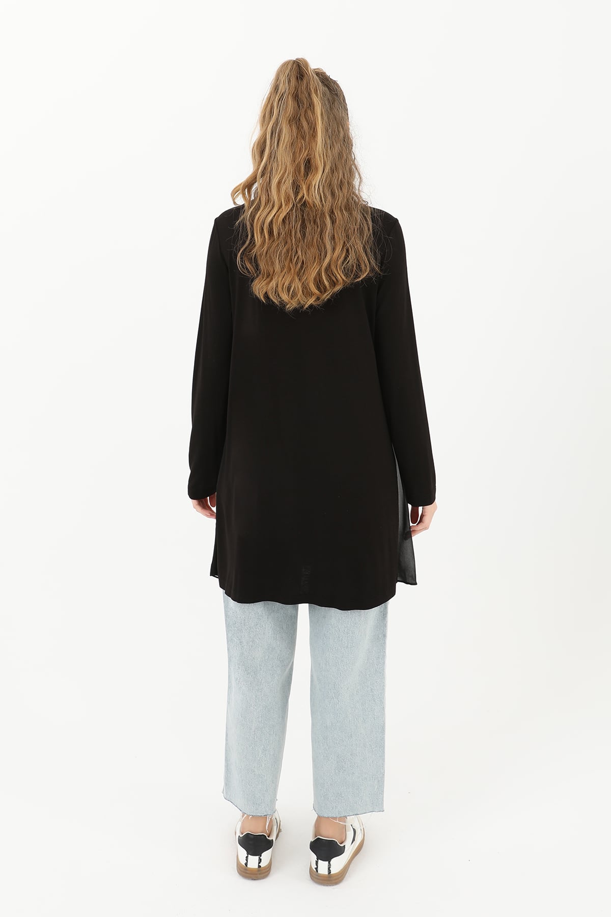 Women's Black Long-Sleeved Tunic with Sheer Hem Overlay - Puane - by Peralane - photo 3