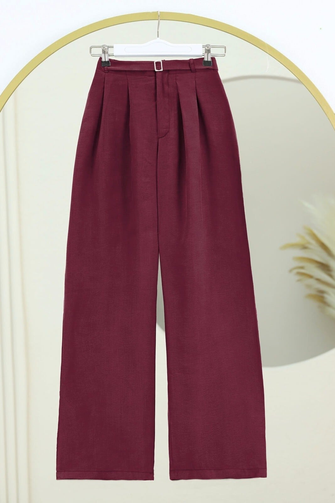 Elasticated Waist Belted Tencel Cupro Trousers - Bordeaux - Podyumplus - by Peralane - photo 5