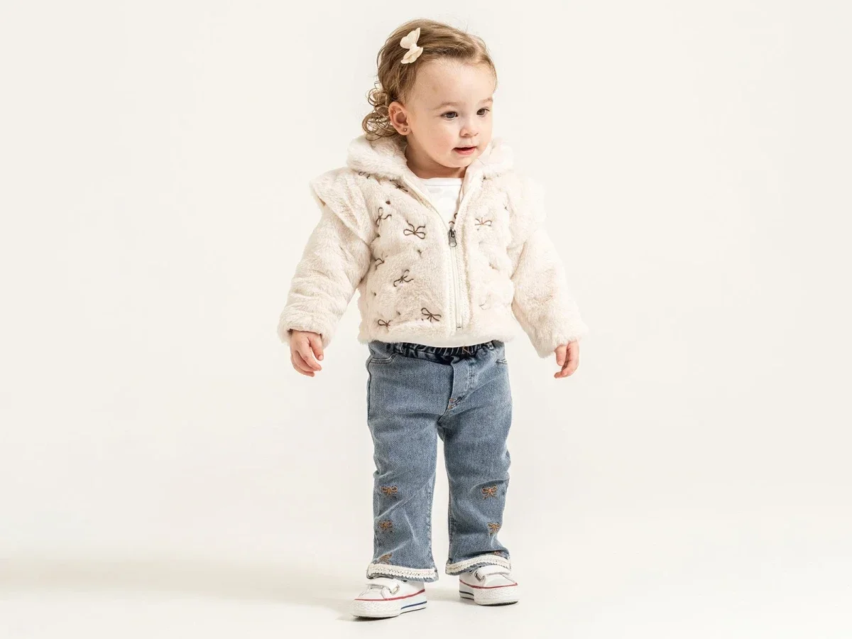 Cream Bow Embroidered Faux Fur Jacket and Denim Trousers Girls' Suit - Pampal Kids - by Peralane