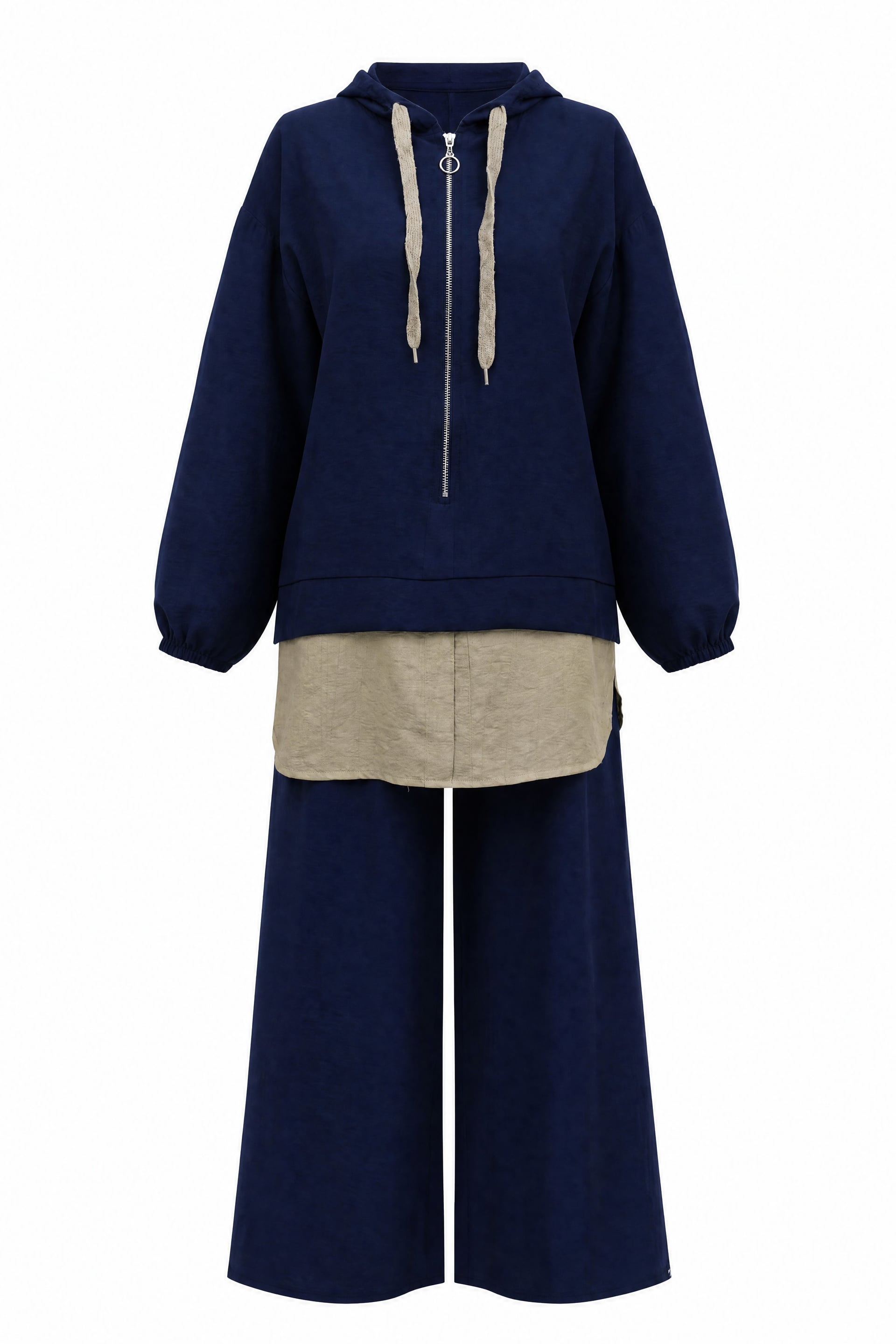Navy Blue Half-Zip Hooded Sweatshirt and Wide-Leg Trousers Set - Podyumplus - by Peralane - photo 5