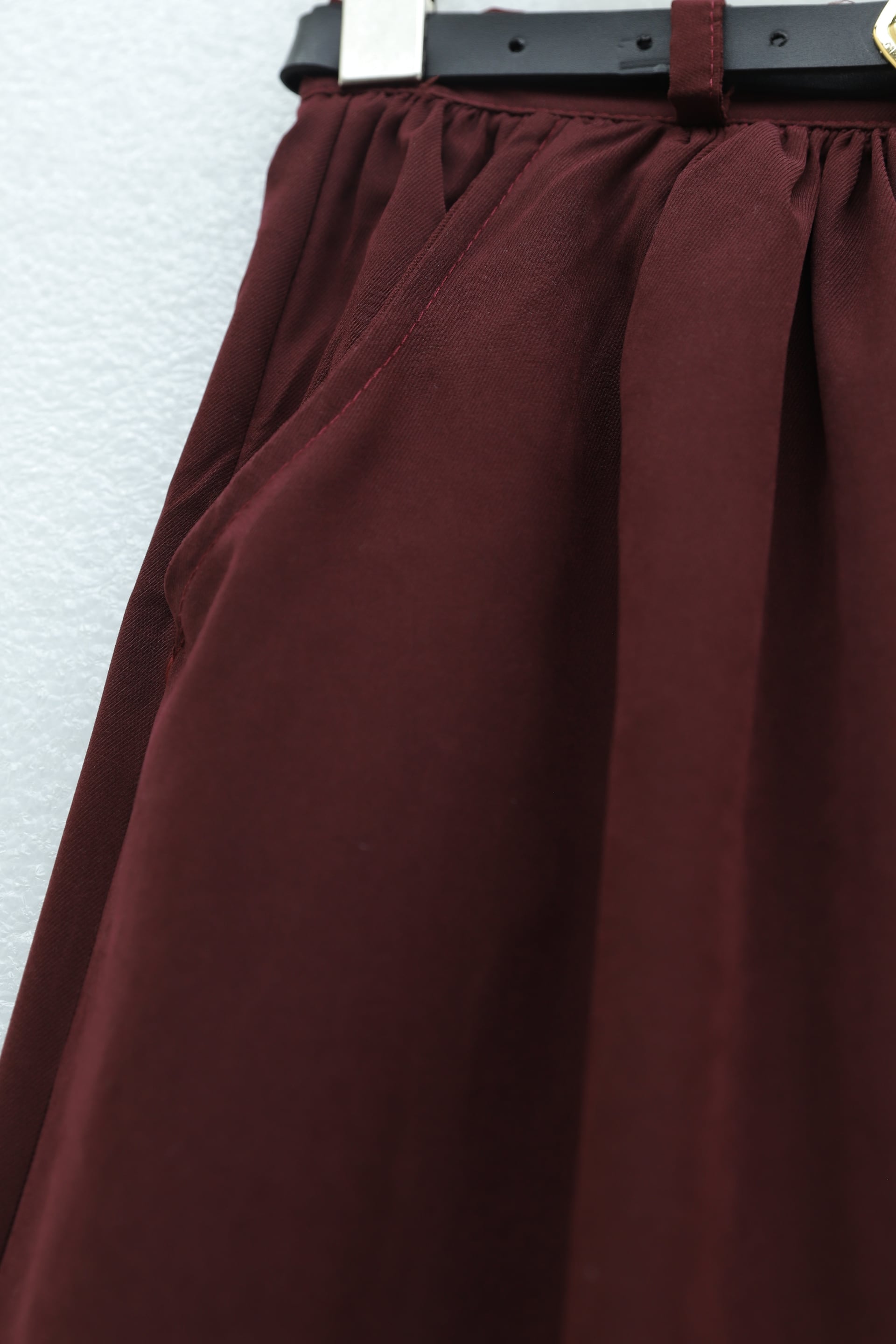 Burgundy Pleated Tweed Skirt with Buckle Belt and Side Pockets - Podyumplus - by Peralane - photo 5