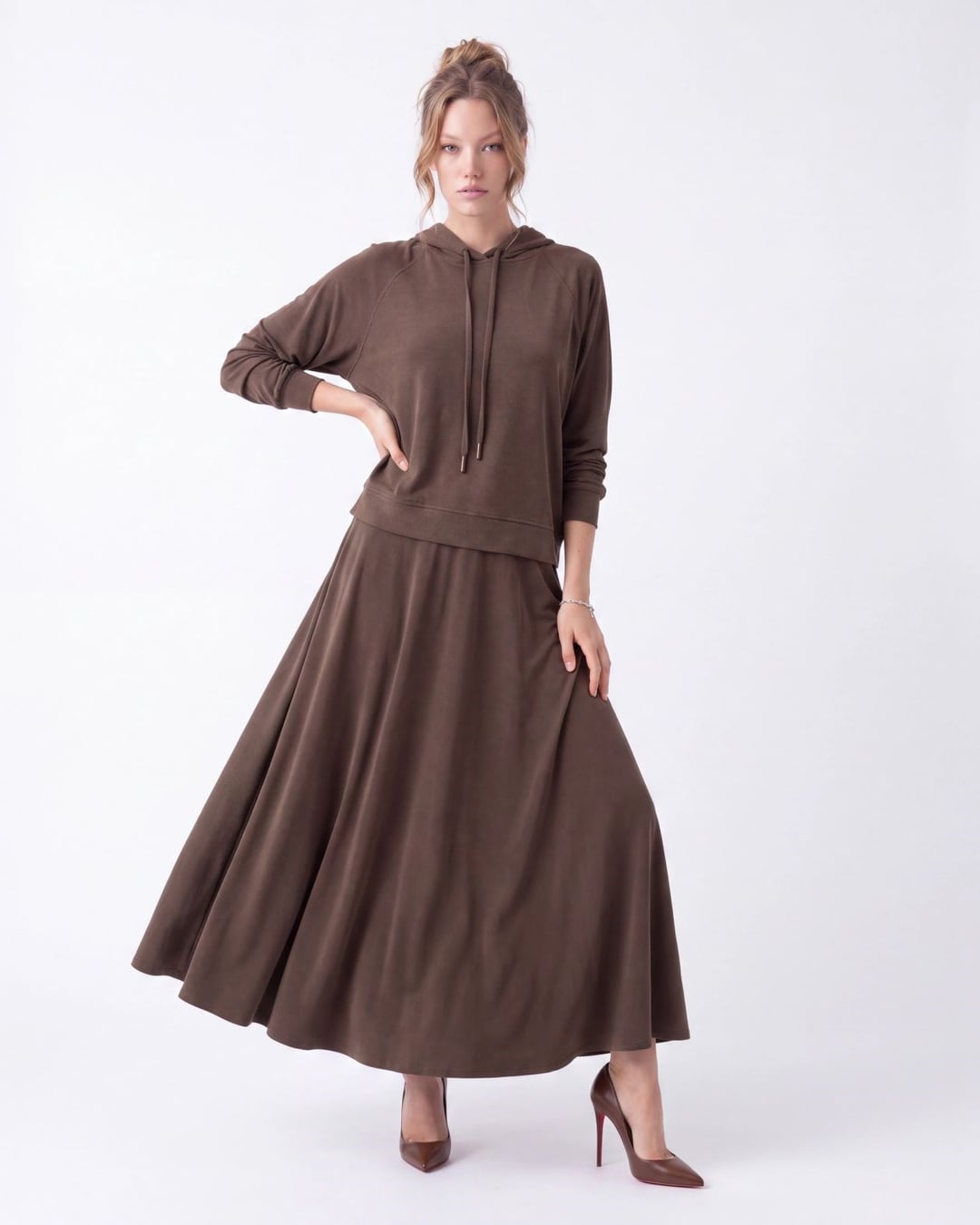 Women's Brown Loungewear Set with Hooded Top and Maxi Skirt - Fame - by Peralane