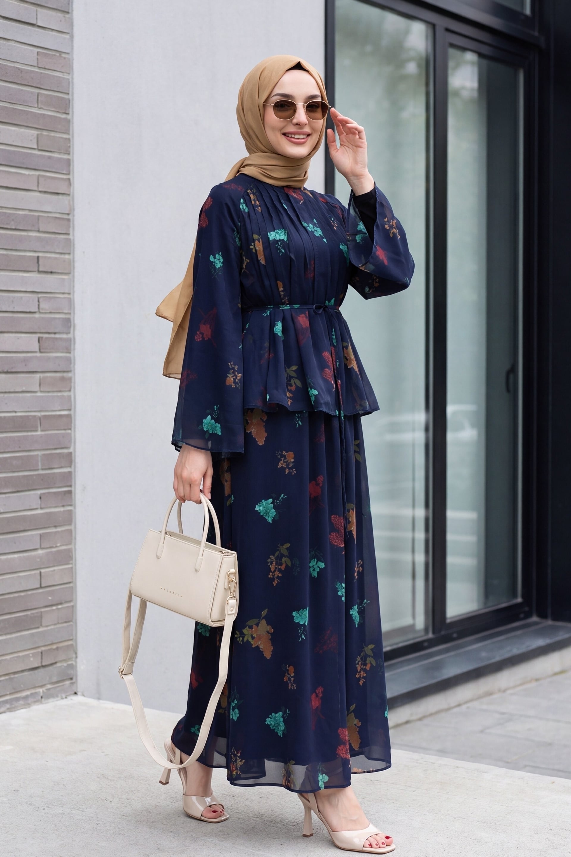 Navy Blue Floral Print Tie Belt Tiered Chiffon Two-Piece Set with Spanish Sleeves - Podyumplus - by Peralane
