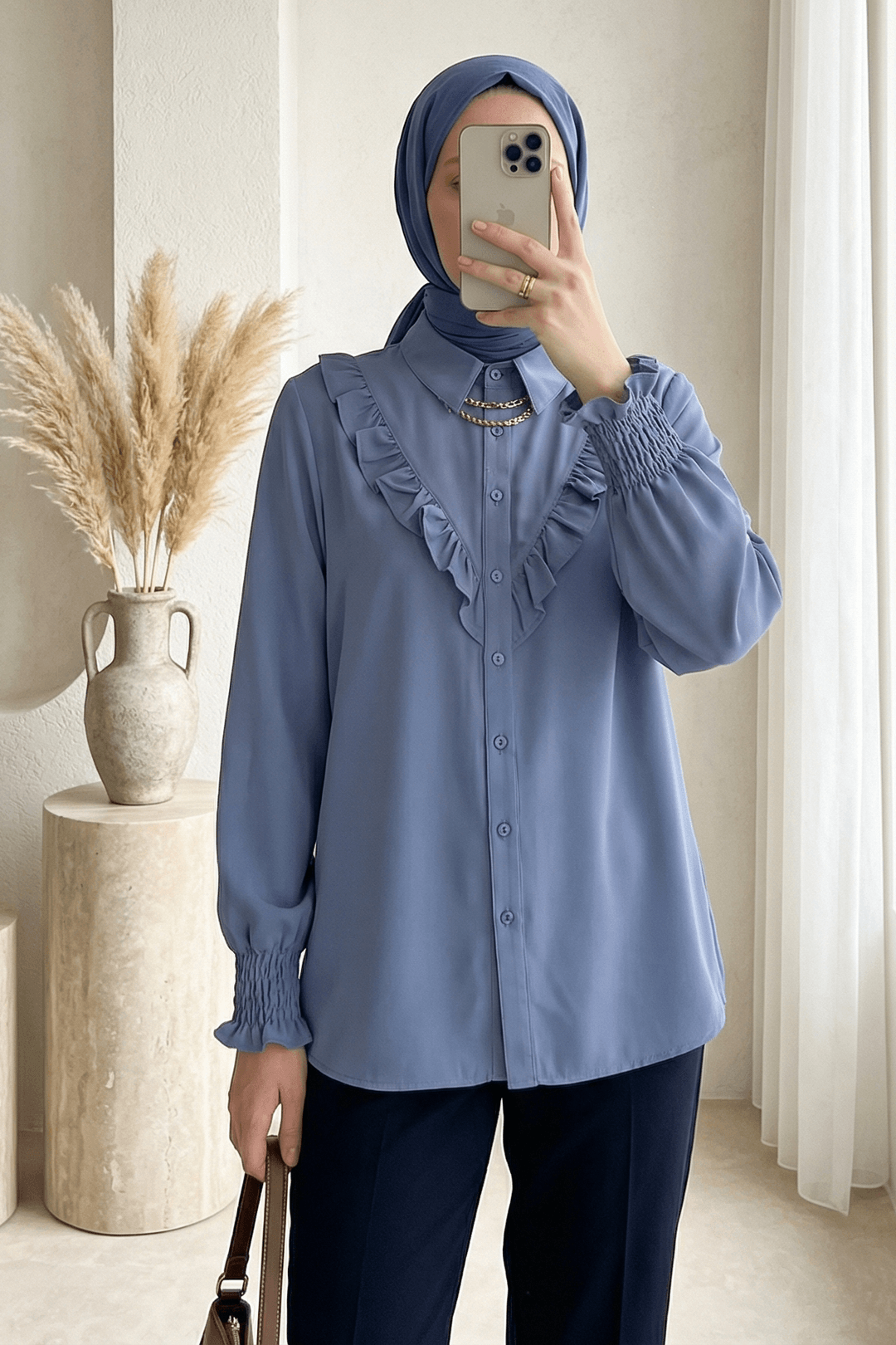 Ruffled Long Sleeve Blouse - Indigo - Bigdart - by Peralane