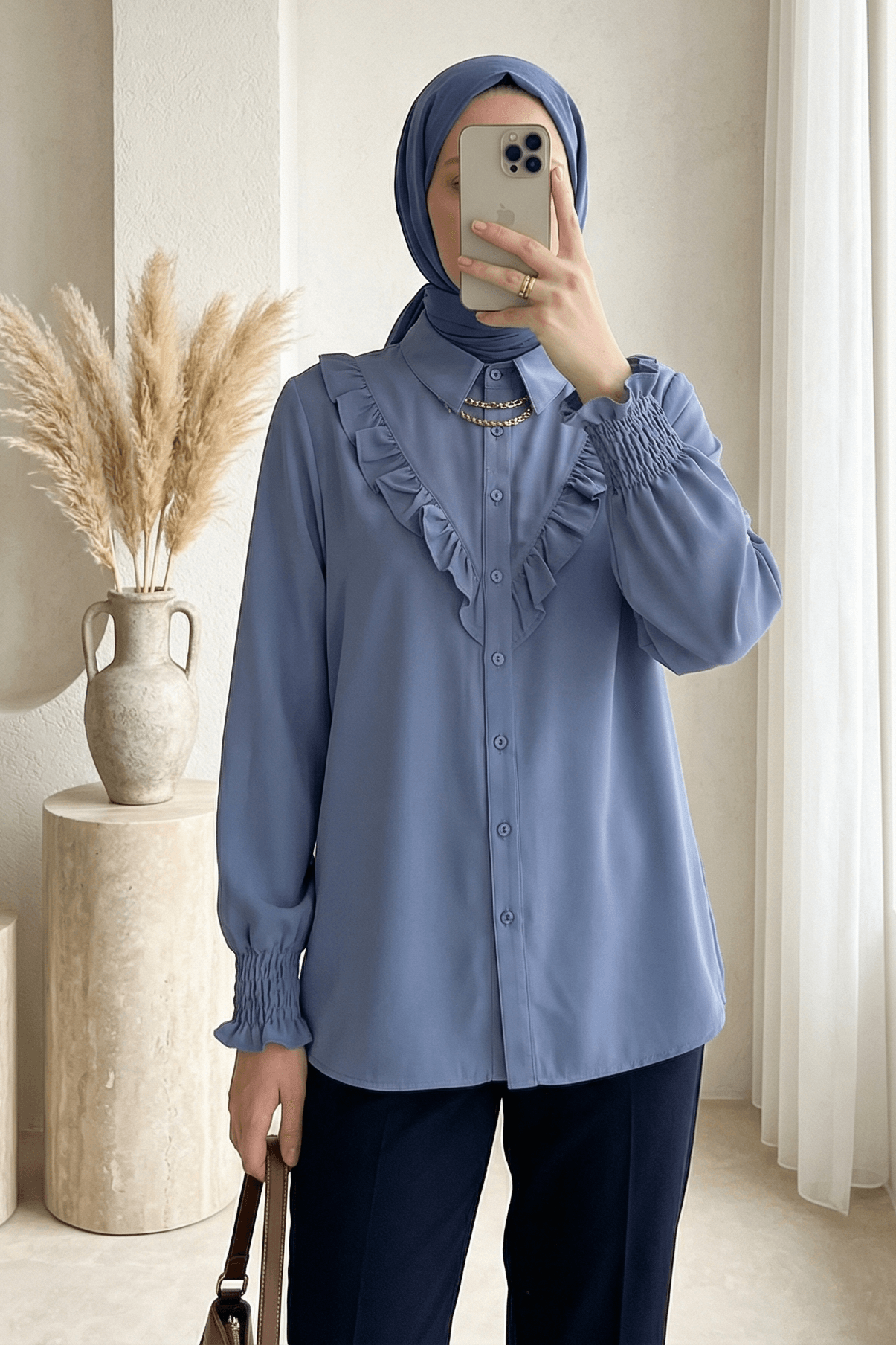 Ruffled Long Sleeve Blouse - Indigo - Bigdart - by Peralane