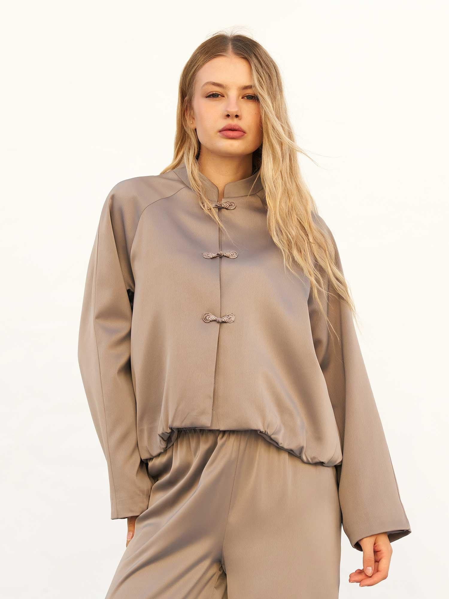 Taupe Satin Mandarin Collar Bomber Jacket - Lefon - by Peralane - photo 2