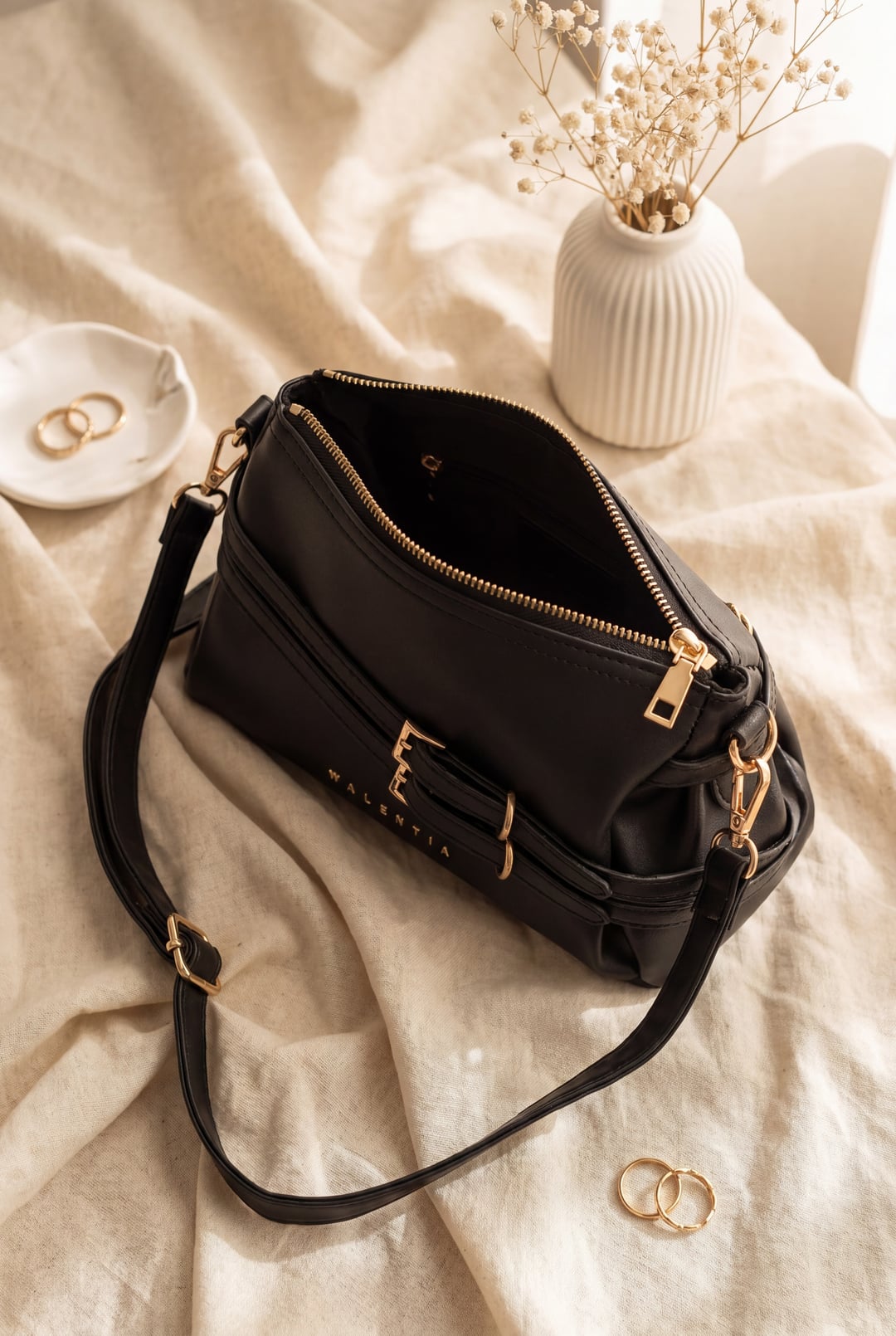 Black Women's Shoulder Bag with Belt Detail and Long Strap - Podyumplus - by Peralane - photo 2