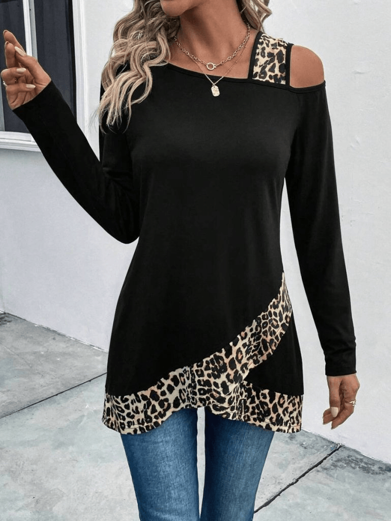 Women's One-Shoulder Long-Sleeved Leopard Detail Viscose Blouse - Janes - by Peralane