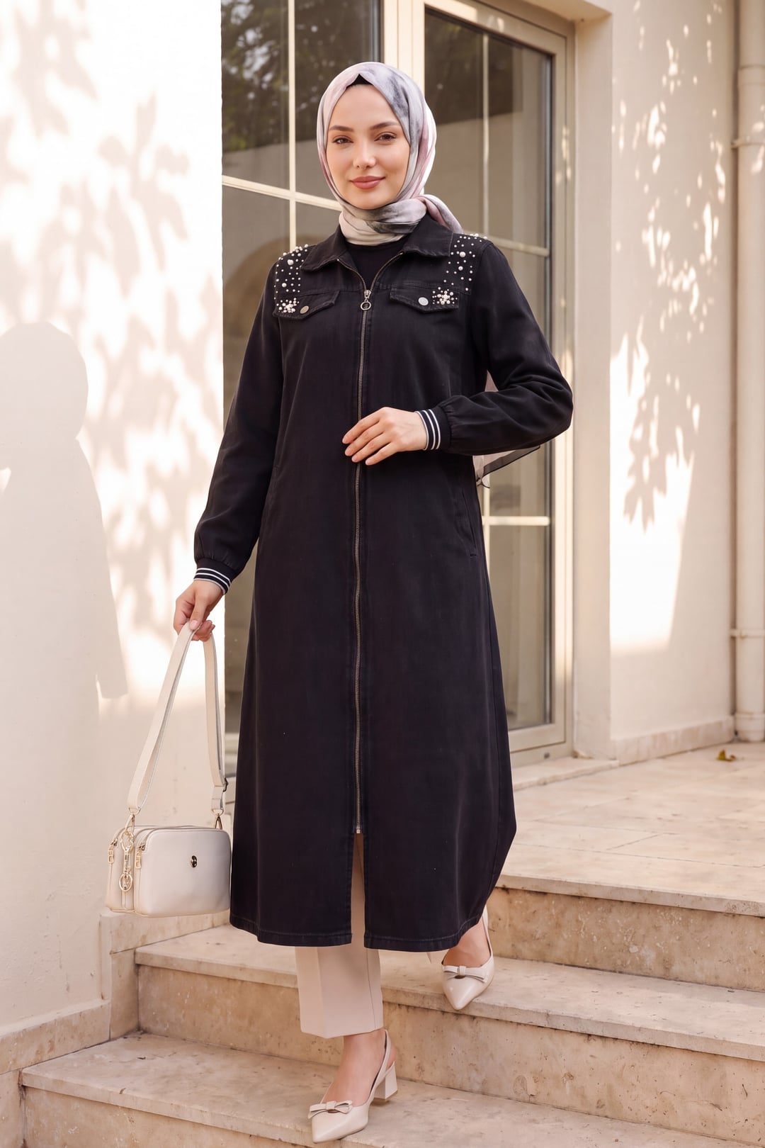 Long Denim Coat with Pearl Shoulder Detail, Zip Front, Black - Podyumplus - by Peralane - photo 4