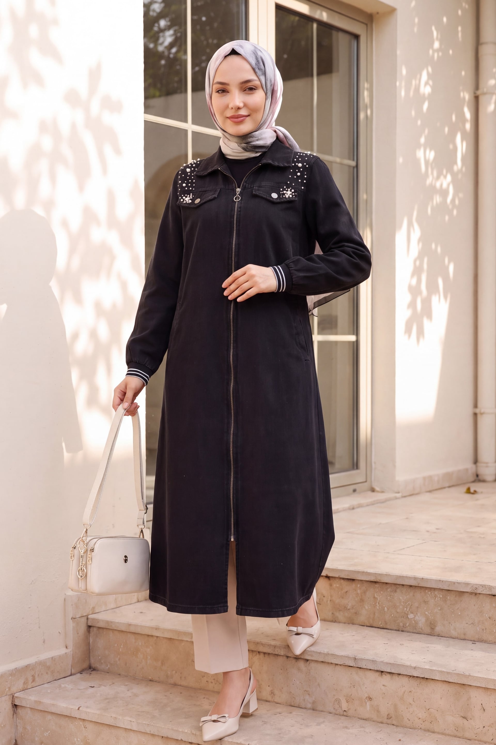 Long Denim Coat with Pearl Shoulder Detail, Zip Front, Black - Podyumplus - by Peralane - photo 4