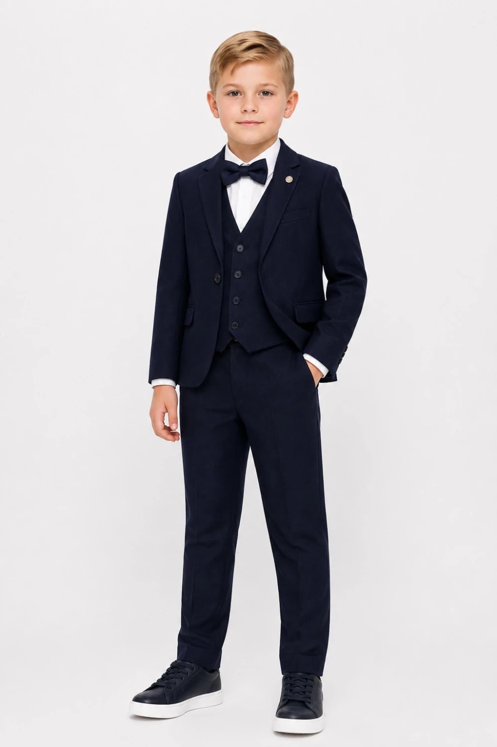 Boys' 4-Piece Linen Suit Set with Jacket, Waistcoat, Trousers and Bow Tie - Navy - Terry - by Peralane