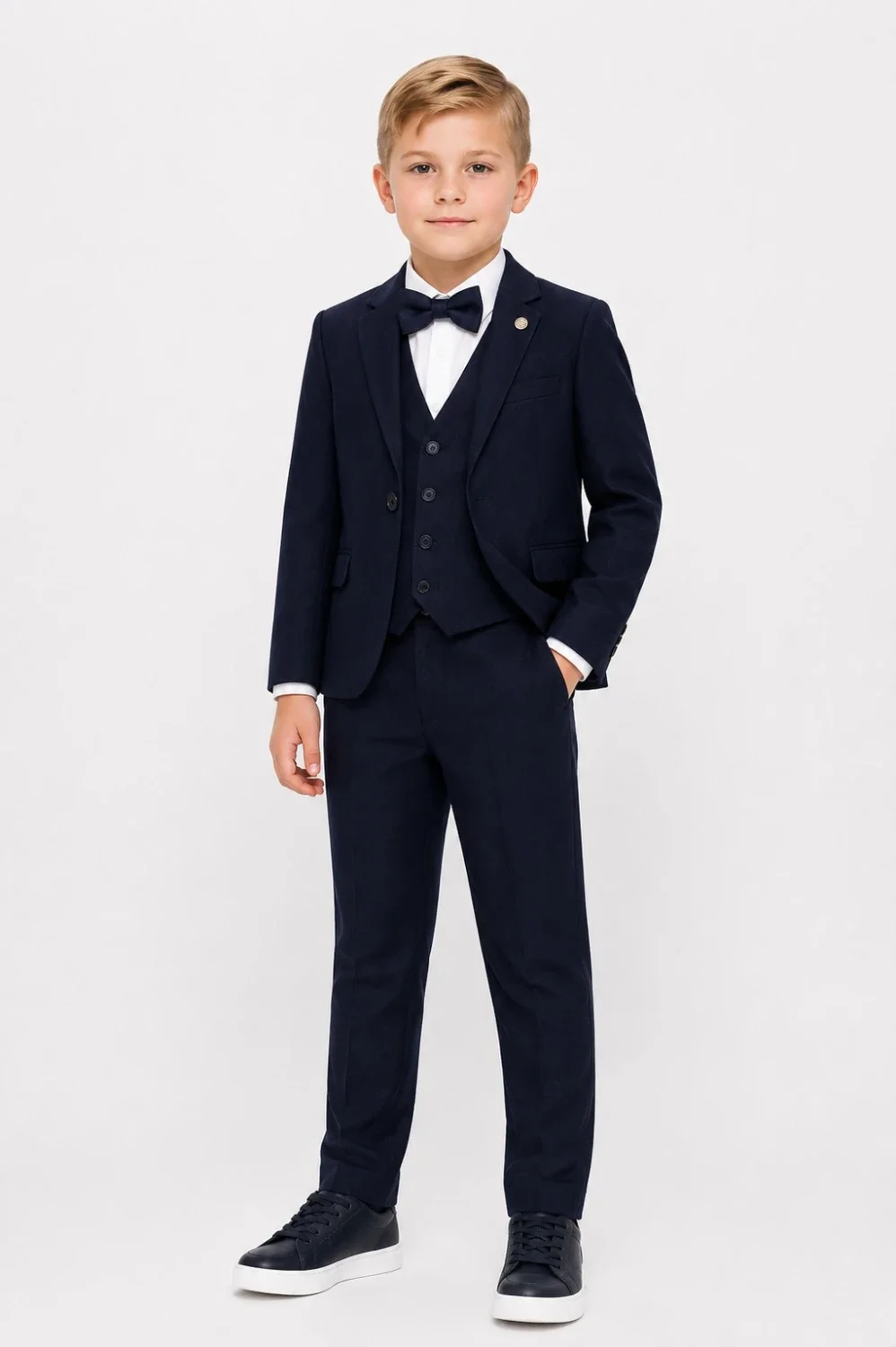 Boys' 4-Piece Suit Set with Jacket, Waistcoat, Trousers and Bow Tie - Navy - Terry - by Peralane