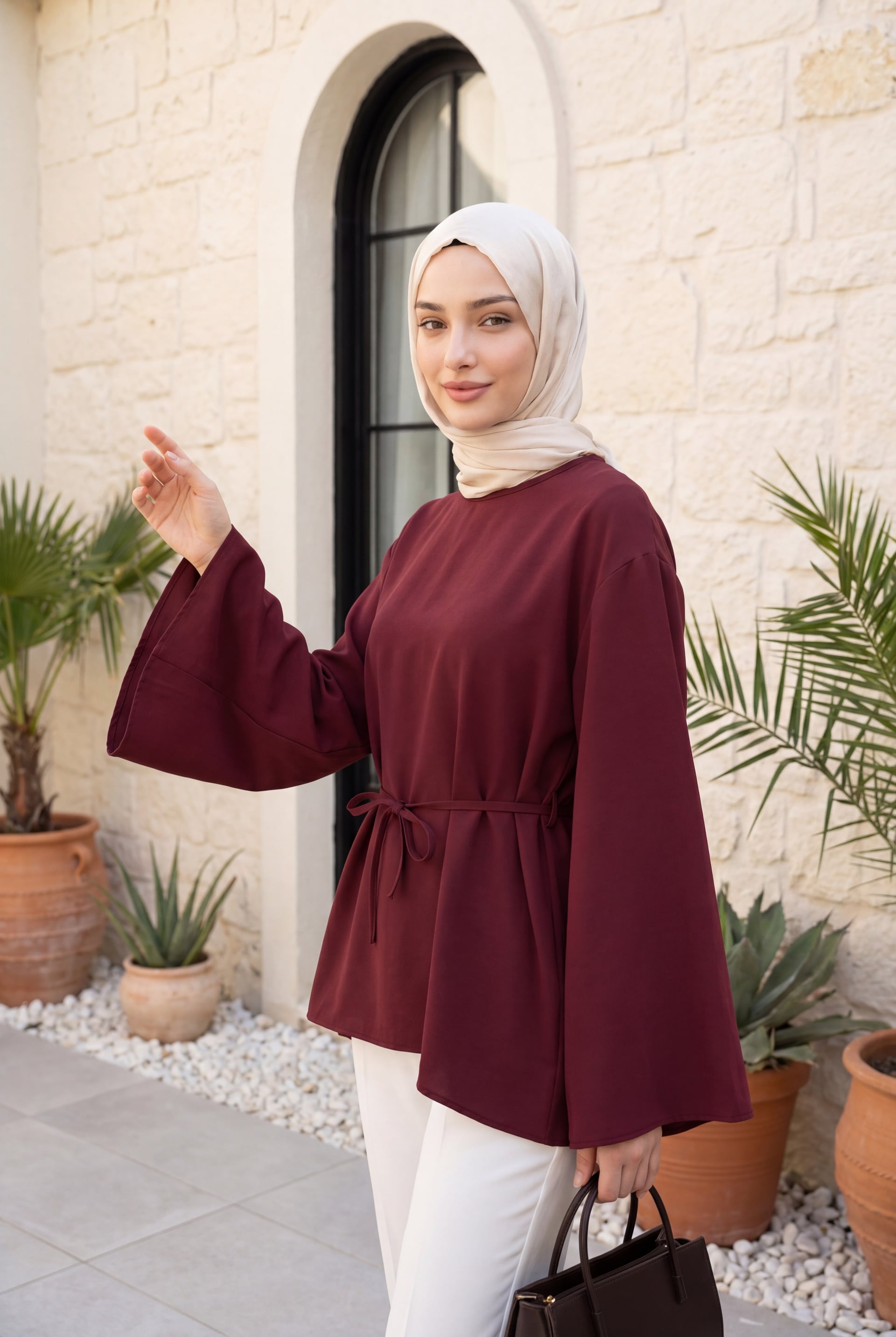 Burgundy Asymmetric Tie-Waist Oversize Modal Tunic - Podyumplus - by Peralane - photo 2