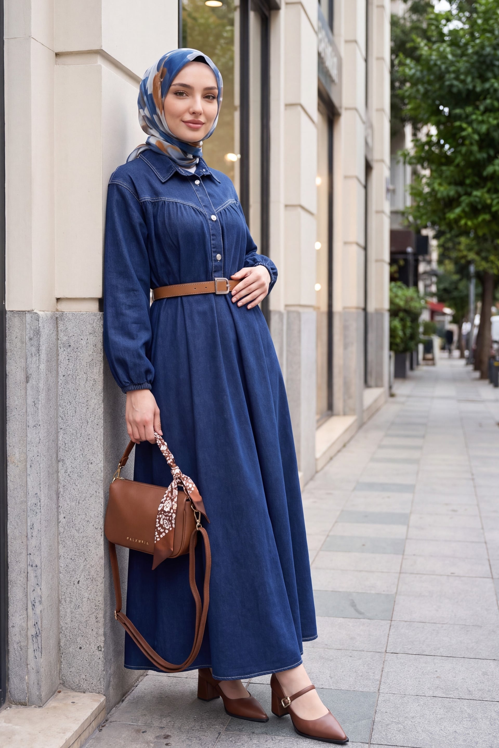 Half Button Long Sleeve Belted Denim Dress - Dark Navy - Podyumplus - by Peralane - photo 3