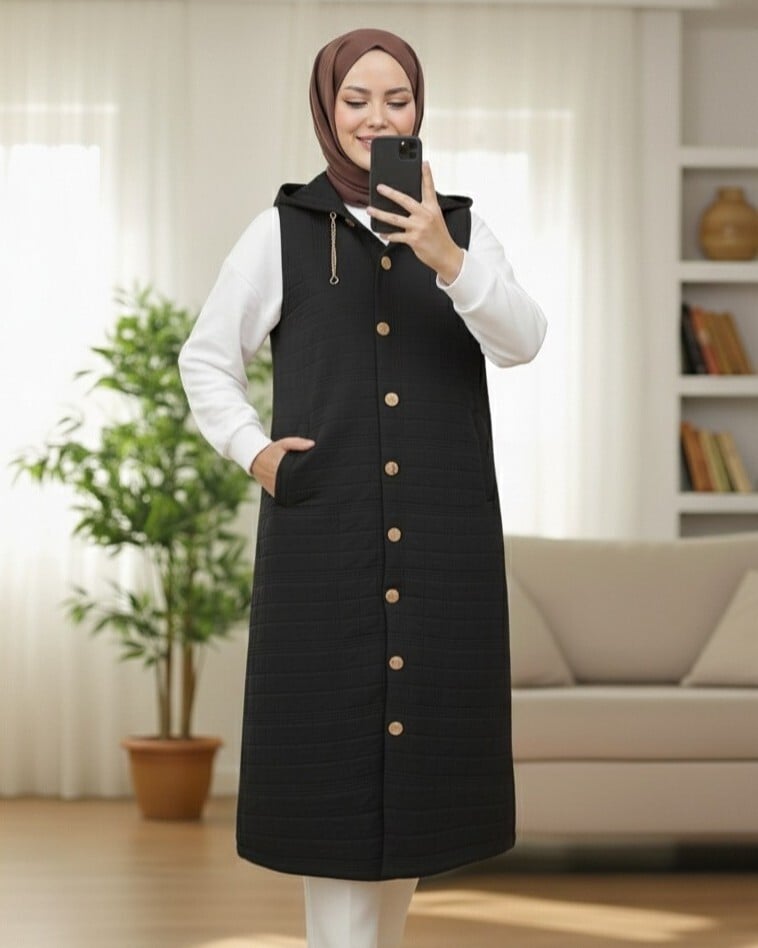 Black Quilted Hooded Chain Detail Button Front Vest - Podyumplus - by Peralane - photo 3
