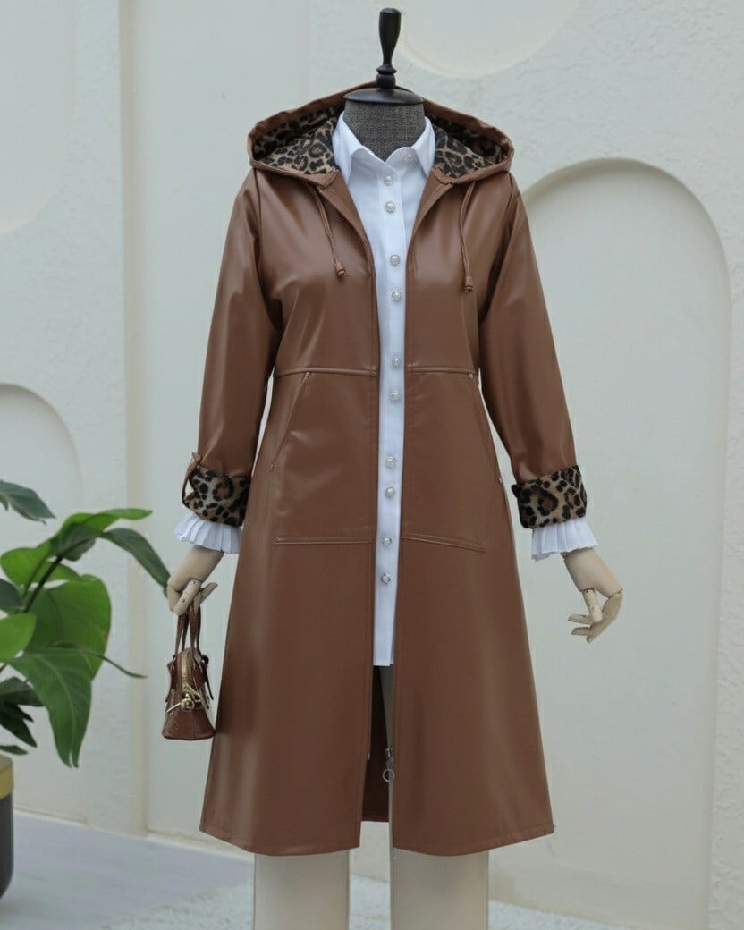 Faux Leather Hooded Long Coat and Trousers Set in Brown - Podyumplus - by Peralane - photo 2