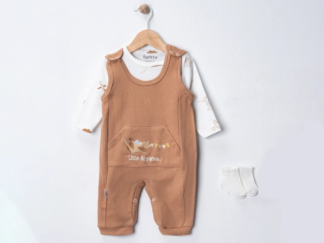 Airplane Print Baby Romper Set with Socks - Brown - Nafitto - by Peralane
