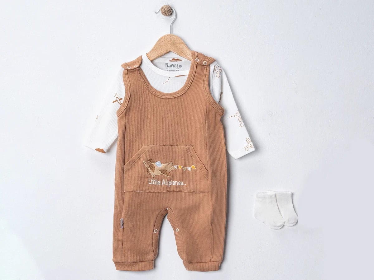 Airplane Print Baby Romper Set with Socks - Brown - Nafitto - by Peralane
