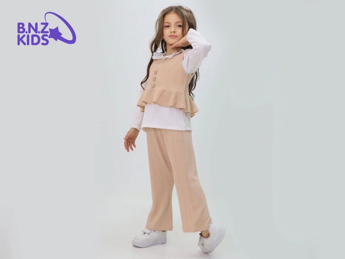 Girls' 3-Piece Knit Set with Lace Collar and Peplum Vest - Brown - Incilay - by Peralane