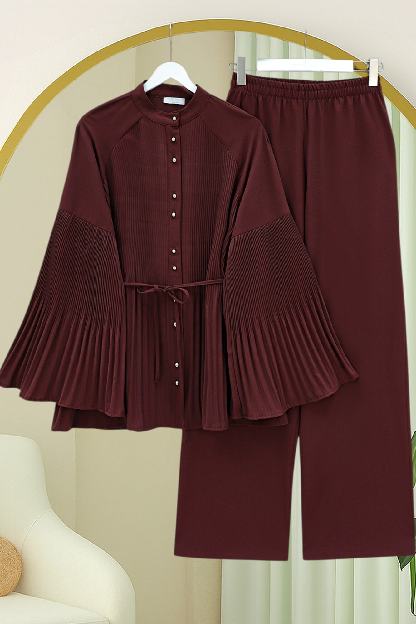 Pleated Mandarin Collar Buttoned Crepe Co-ord Set - Bordeaux - Podyumplus - by Peralane - photo 5
