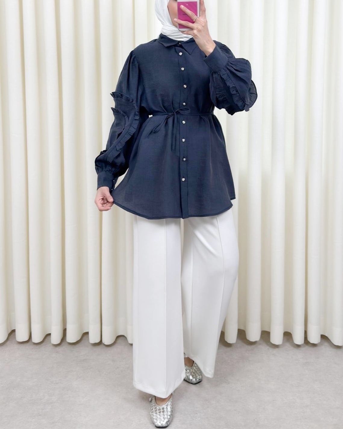Women's Navy Blue Ruffle Sleeve Blouse with Stone Buttons and Tie Front - Podyumplus - by Peralane - photo 4