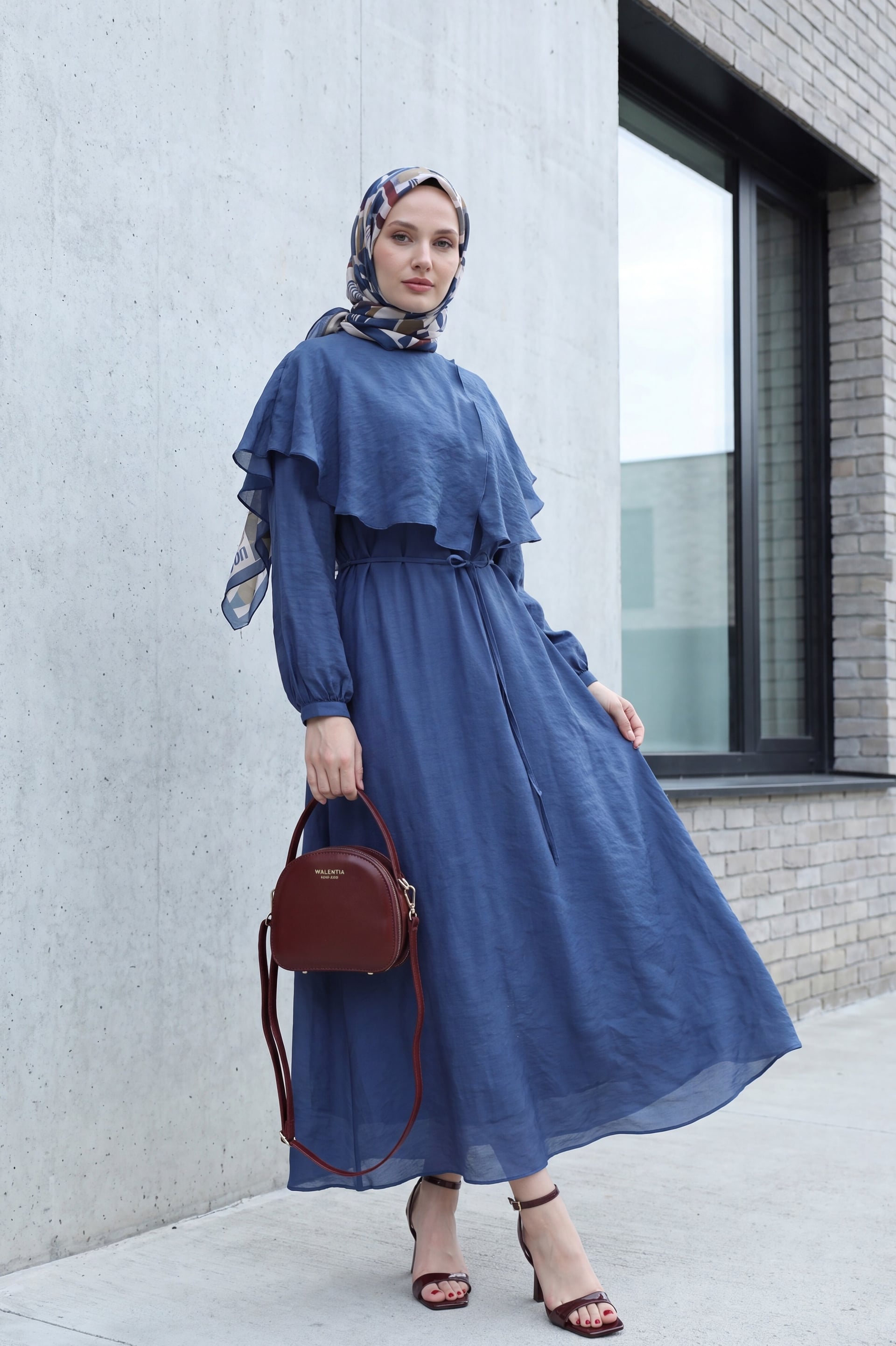 Indigo Ruffled Cape Collar Lined Belted Tulle Modal Dress - Podyumplus - by Peralane
