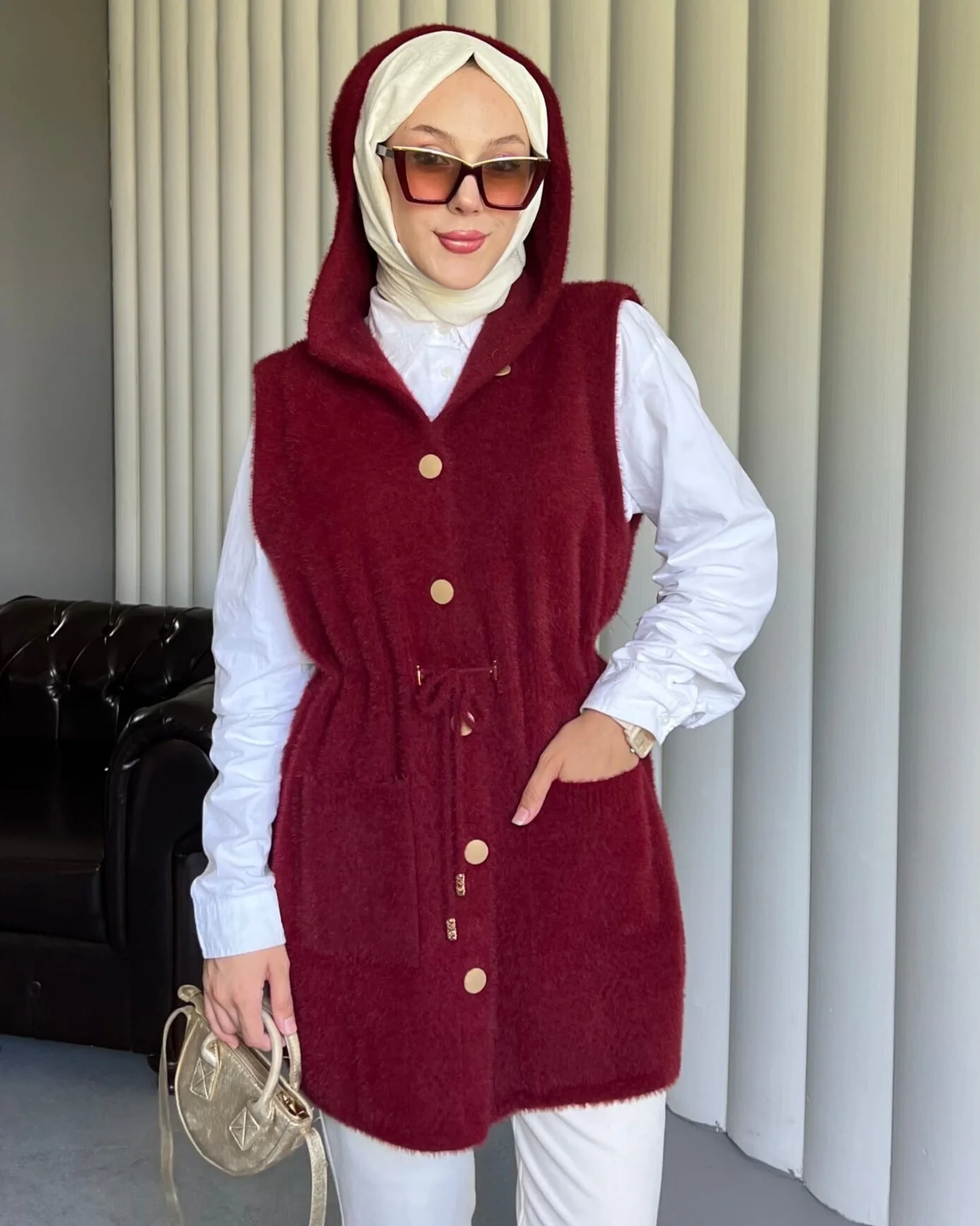 Hooded Pocket Drawstring Waist Fringed Vest - Bordeaux - Podyumplus - by Peralane - photo 3