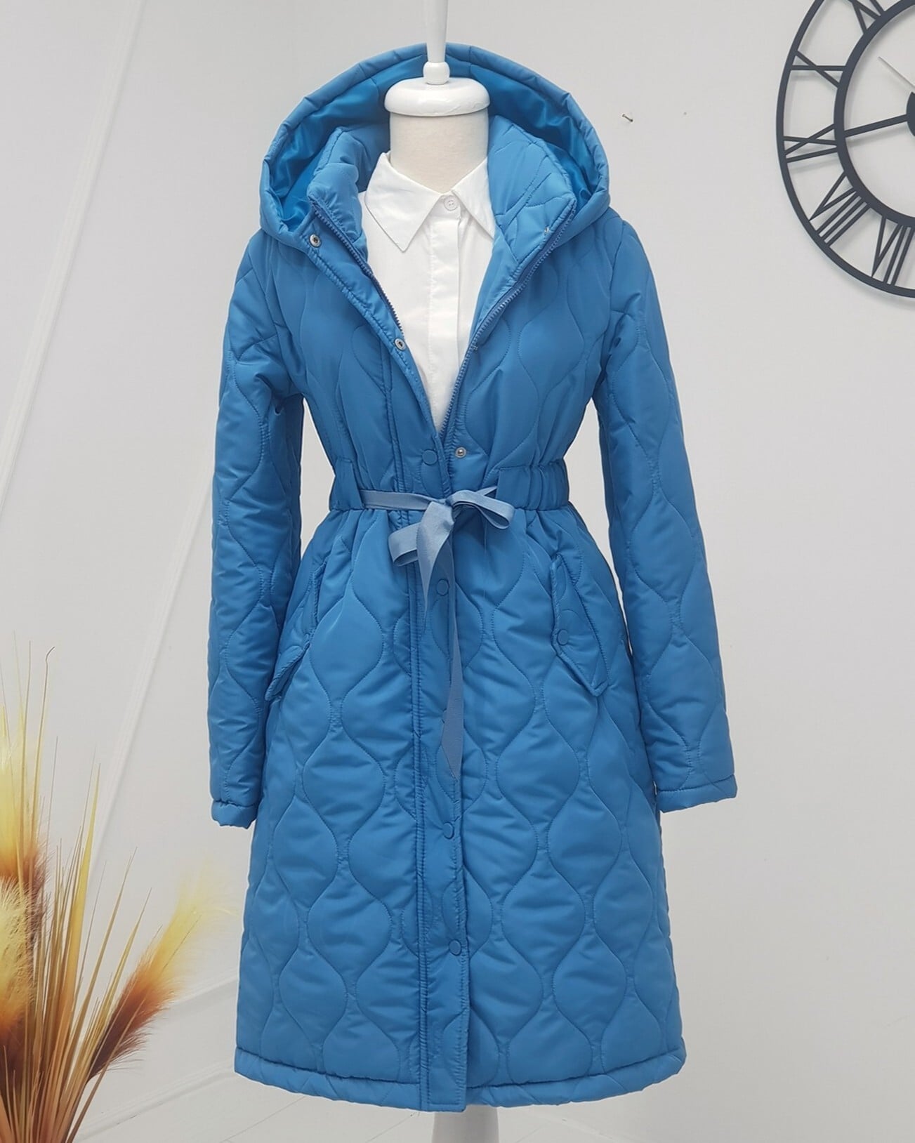 Quilted Hooded Belted Jacket with Pockets - Blue - Podyumplus - by Peralane - photo 3