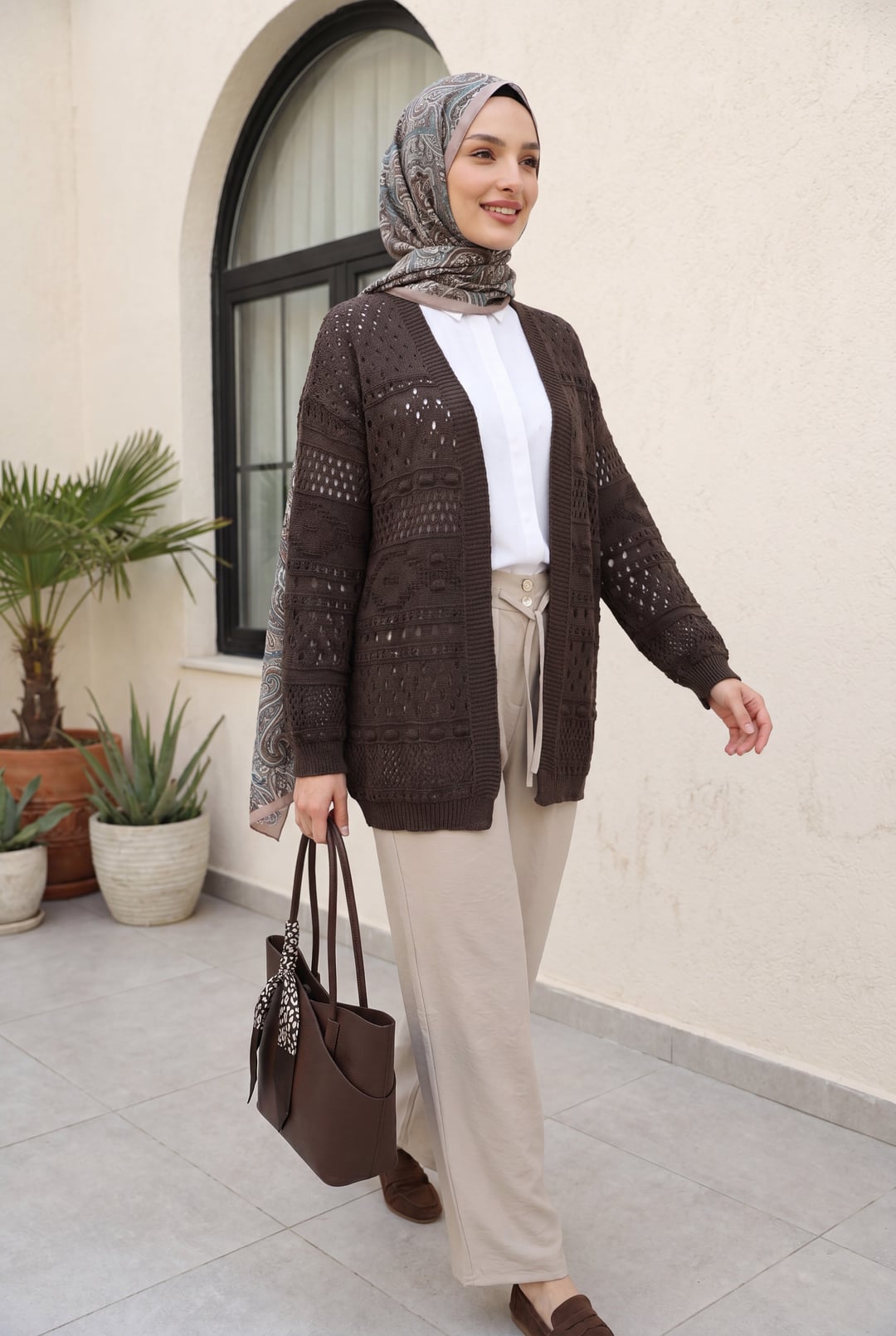 Eyelet Pompom Patterned Knit Cardigan - Dark Brown - Podyumplus - by Peralane