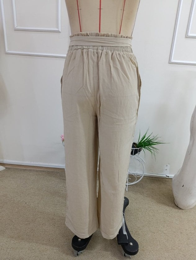 Women's High Waist Elasticated Paperbag Wide-Leg Crinkle Trousers - Beige - Janes - by Peralane - photo 5