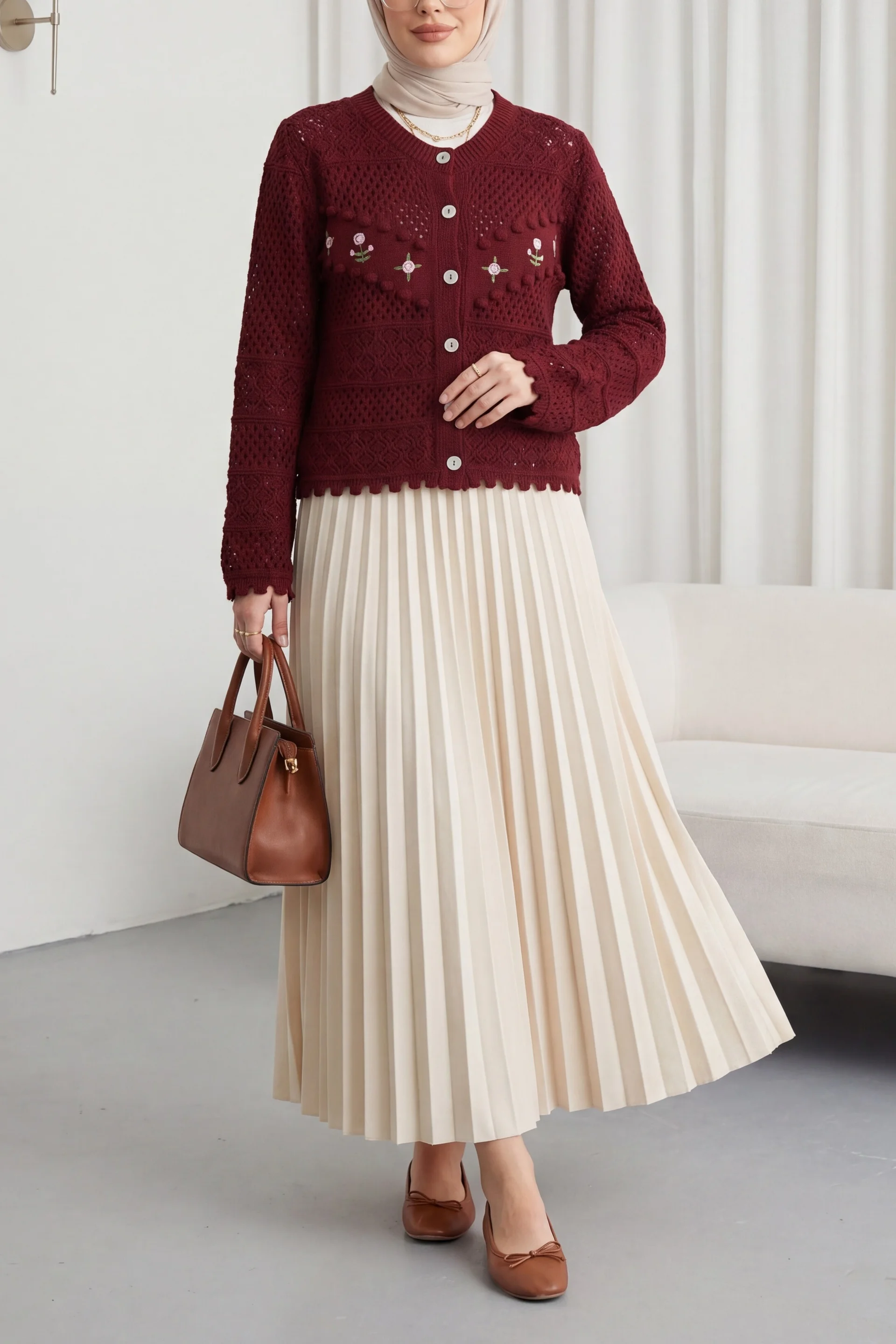 Maroon Floral Embroidered Button Knit Cardigan - Podyumplus - by Peralane - photo 2