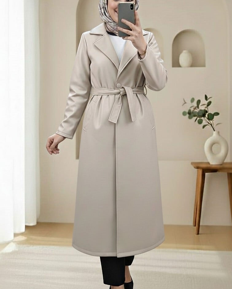 Beige Belted Side Pocket Single Button Faux Leather Trench Coat - Podyumplus - by Peralane - photo 2