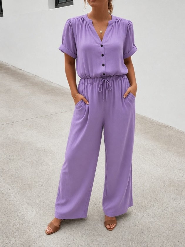 Women's Short Sleeve V-Neck Drawstring Waist Woven Viscose Jumpsuit - Janes - by Peralane