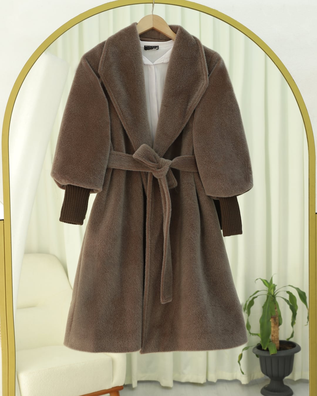 Ribbed Sleeve Shawl Collar Lined Faux Fur Coat - Earth - Podyumplus - by Peralane - photo 7