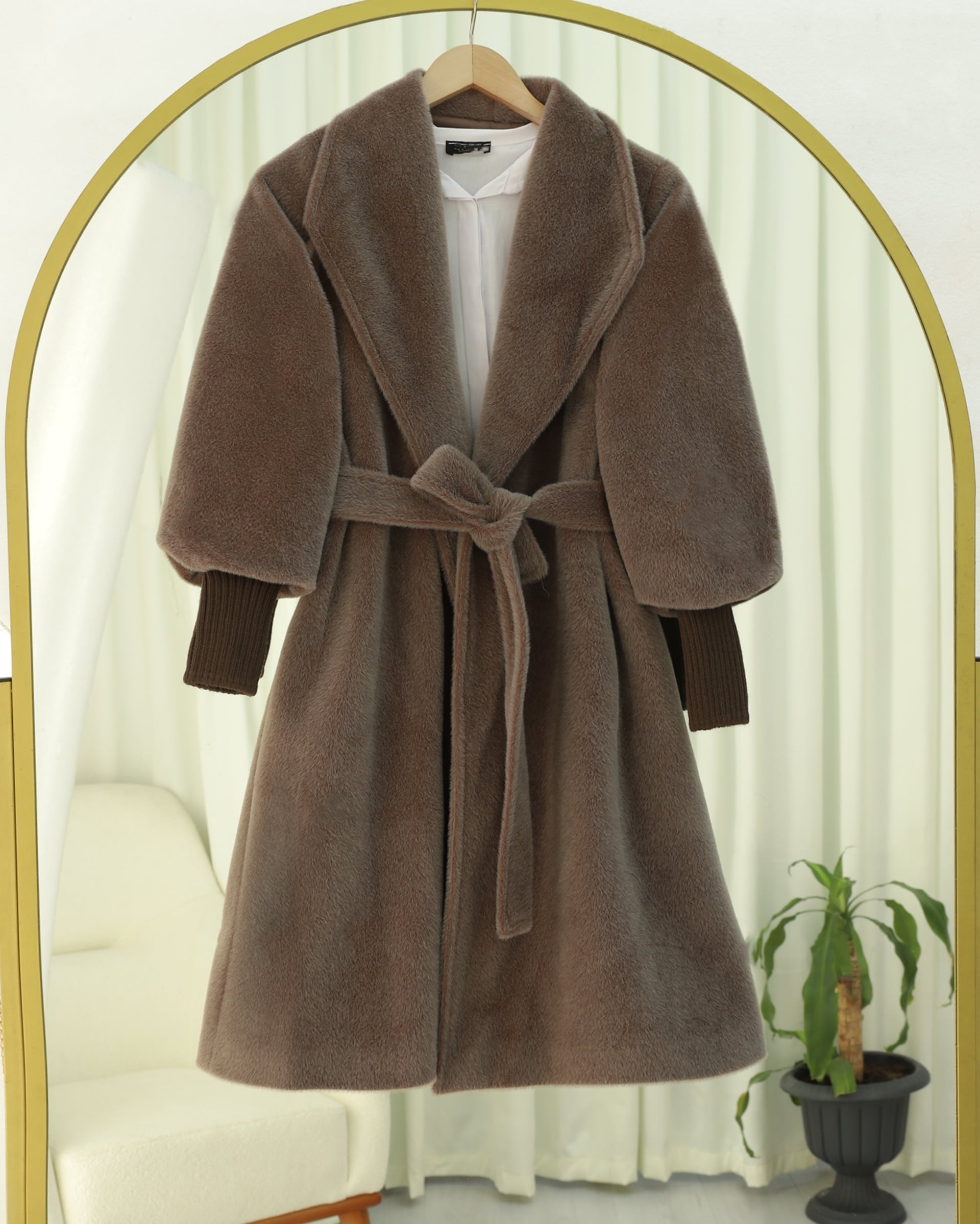 Ribbed Sleeve Shawl Collar Lined Faux Fur Coat - Earth - Podyumplus - by Peralane - photo 7