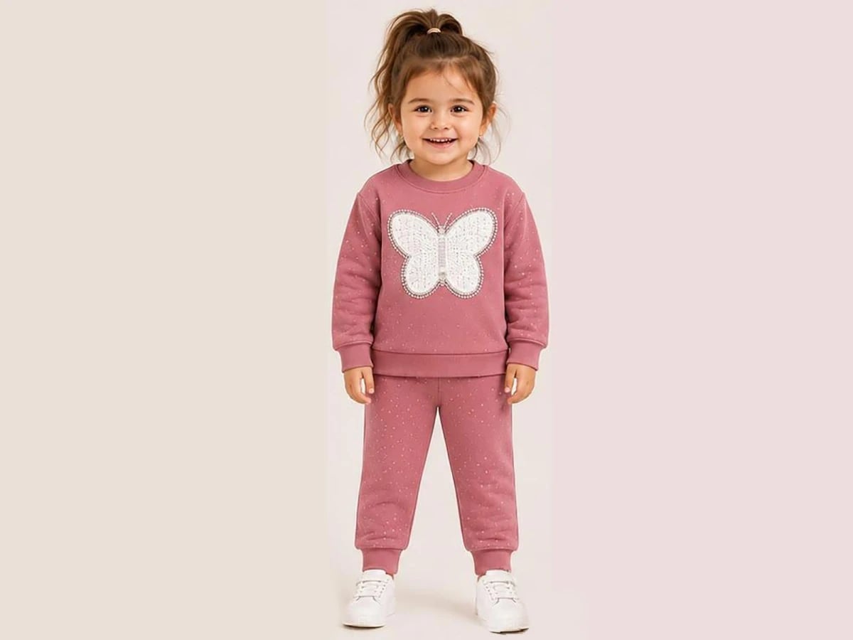 Girls' Sequin Butterfly Embroidered Fleece Sweatshirt and Trousers Set - Dusty Rose - Bittos Kids - by Peralane